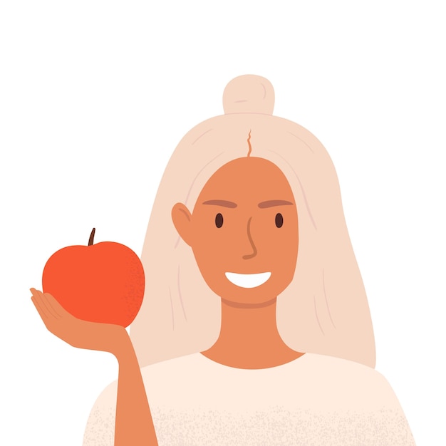 A flat vector cartoon illustration of a woman holding an apple in her hand.