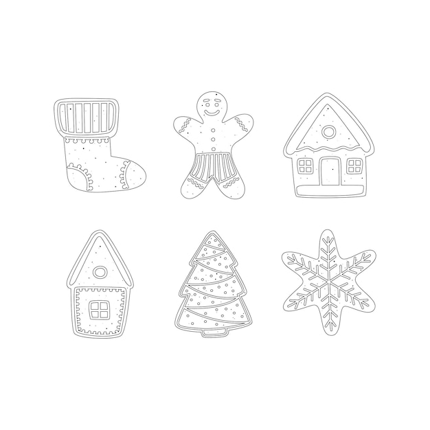 Flat vector cartoon set of Christmas gingerbread cookies. Isolated sketch on a white background.