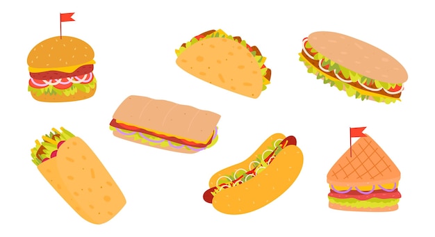 Flat vector cartoon set of street food. Burger, various sandwiches, hot dog, quesadilla, burrito.