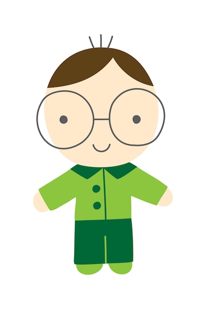 Flat vector cartoon student boy character wearing glasses in green suit for avatar