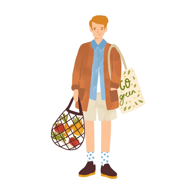 Flat vector cartoon textured illustration of man holding string bag with healthy vegetables. Trendy male character carry shopping reusable handbag isolated on white background.