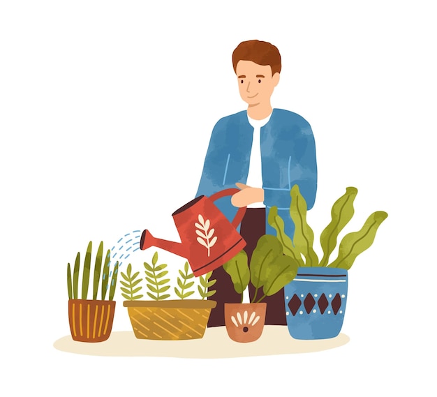 Flat vector cartoon textured illustration of man watering potted houseplant. Male character taking care of green plants or home garden. Housekeeping and hobby scene isolated on white background.