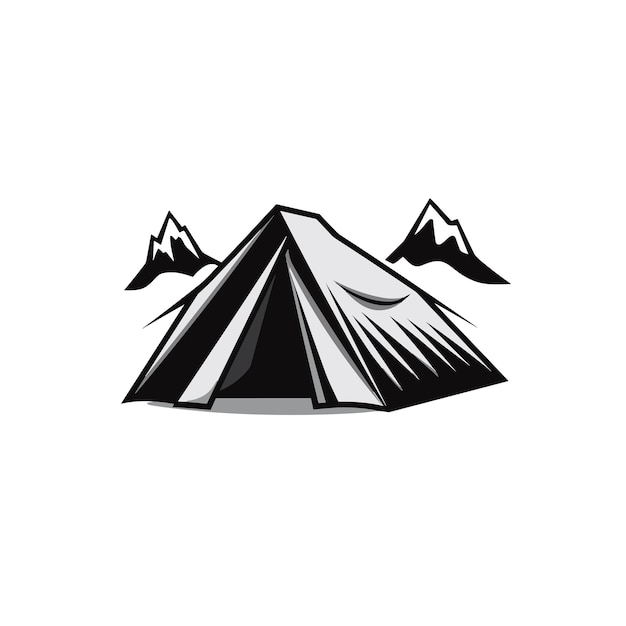 Flat vector of a colorful tent set against a majestic mountain landscape