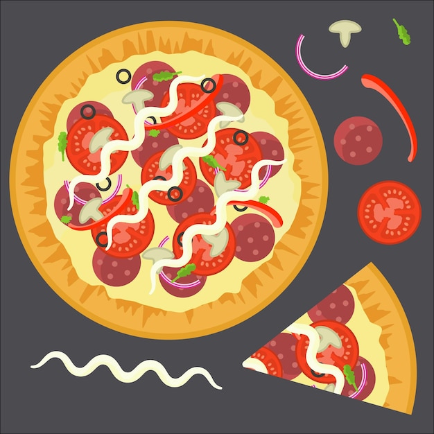 Flat vector delicious colorful full pizza with triangle slice and ingredients salami mushrooms tomato pepper