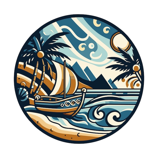 flat vector design of boat on the beach in art nouveau style