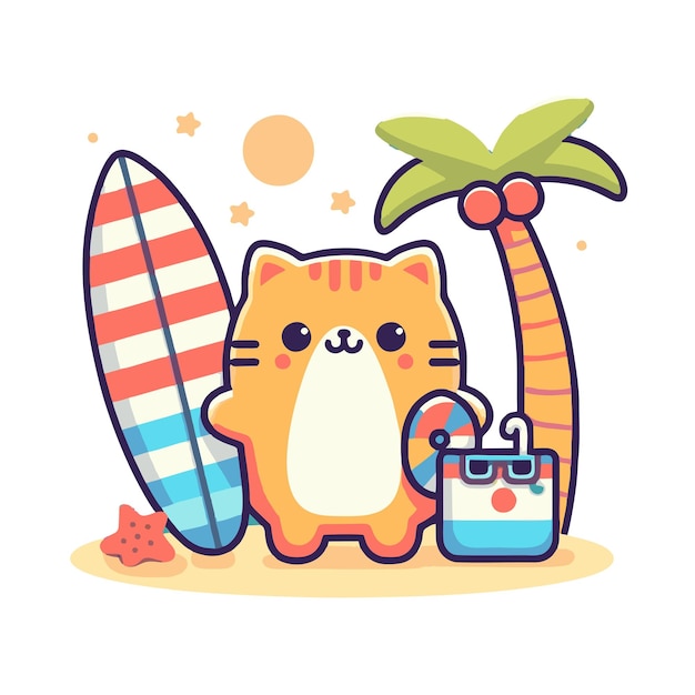 flat vector design of cat character with surfboard on beach