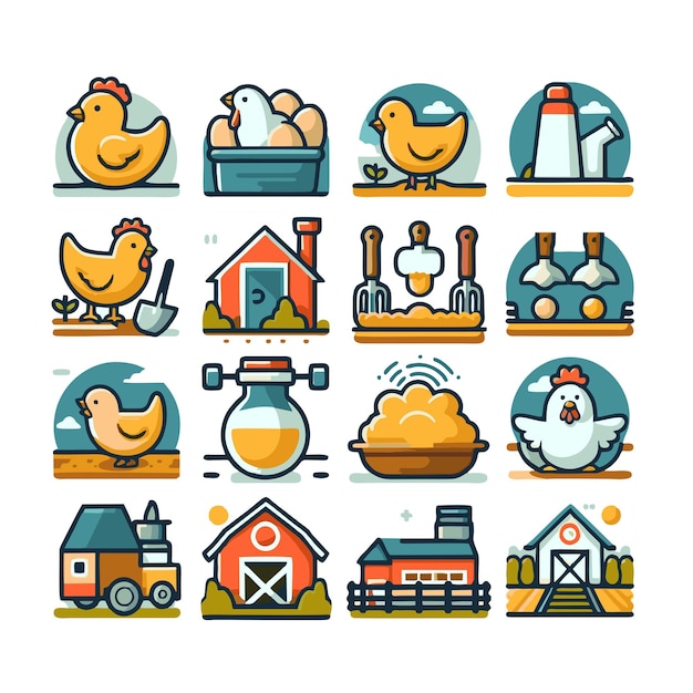 flat vector design of chicken farming icon bundle