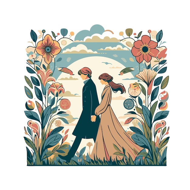 flat vector design of a couple of friends walking together in the park