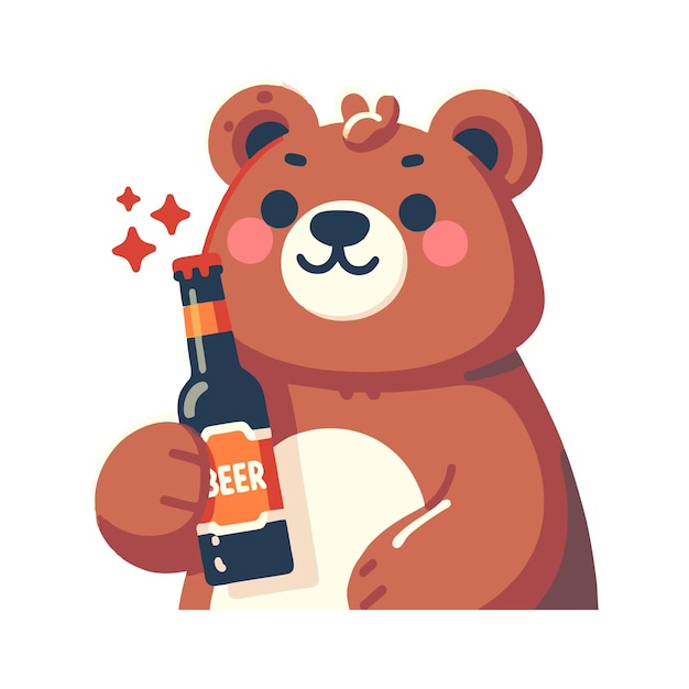 flat vector design of cute bear character holding beer bottle