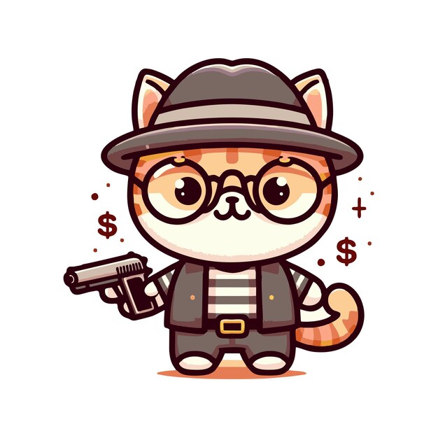 flat vector design of cute cat character in thug uniform