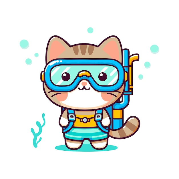 flat vector design of cute cat character using diving equipment