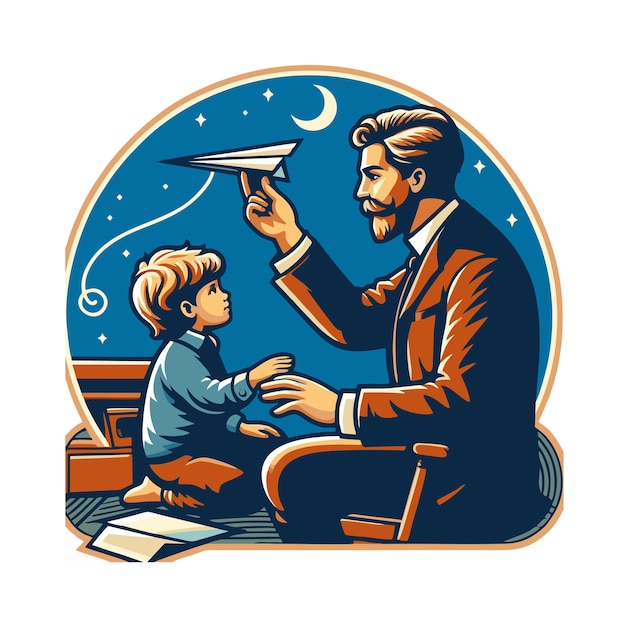 flat vector design of a father teaching his son to make a toy airplane