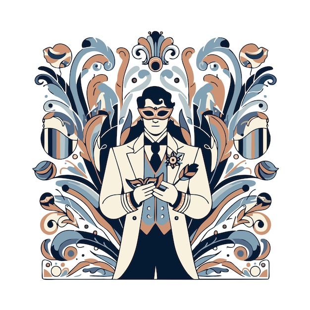 flat vector design of a man in an art nouveau style carnival costume