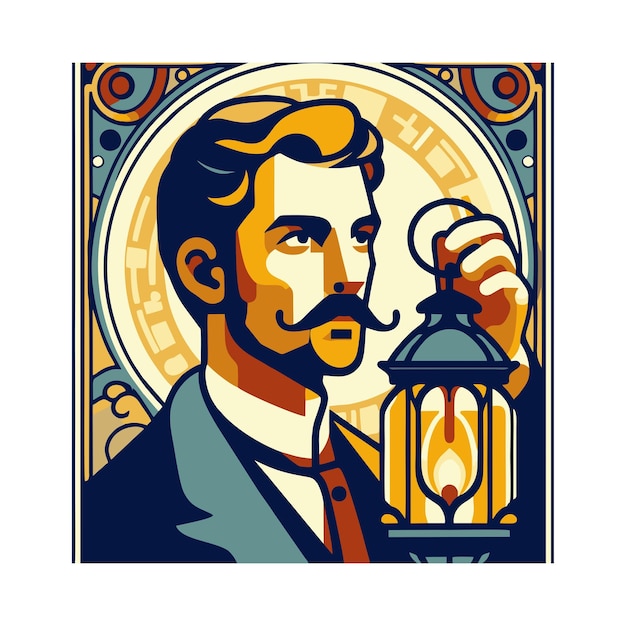 flat vector design of a man holding a lantern in art nouveau style