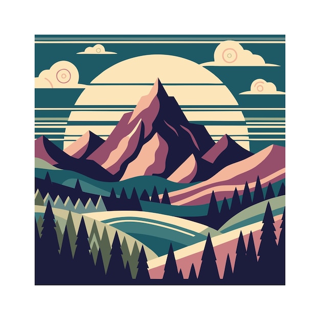 flat vector design of mountain view in art nouveau style