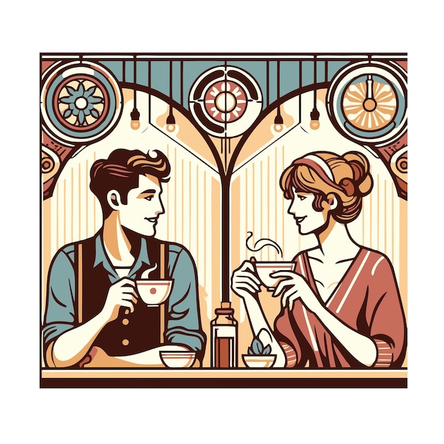 flat vector design of two friends enjoying coffee in a cafe