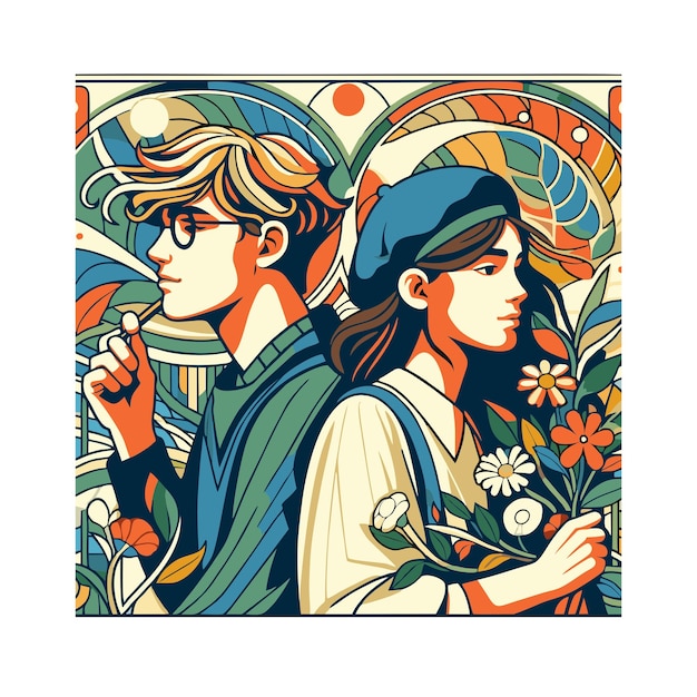 flat vector design of two friends on friendship day in art nouveau style