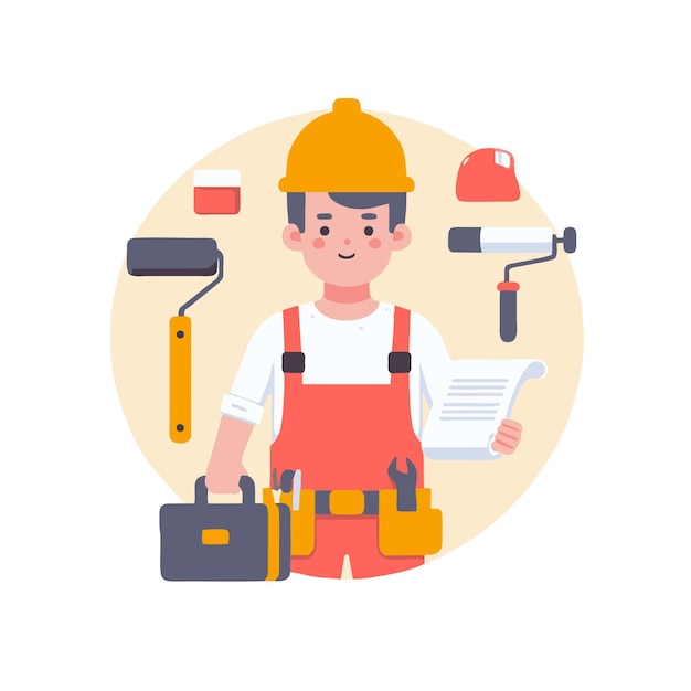 flat vector design of worker holding paint tools