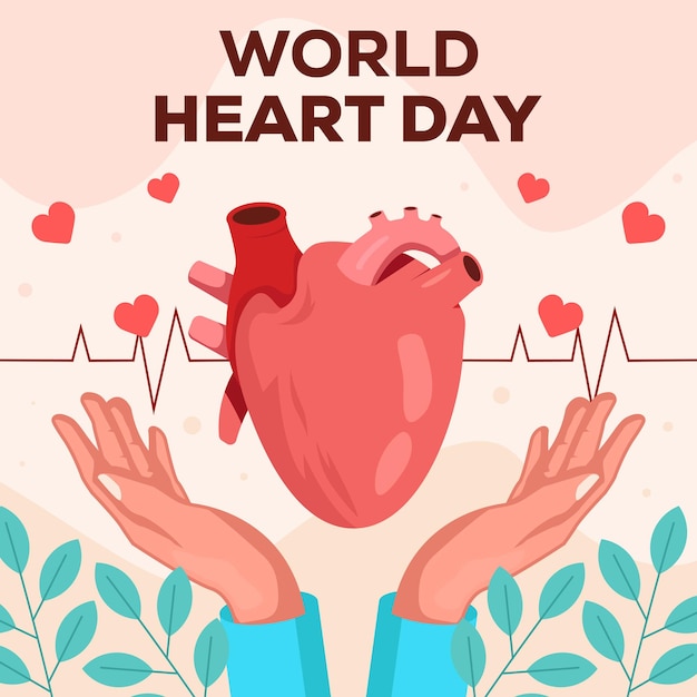 flat vector design World Heart Day illustration with heart organ and two hands