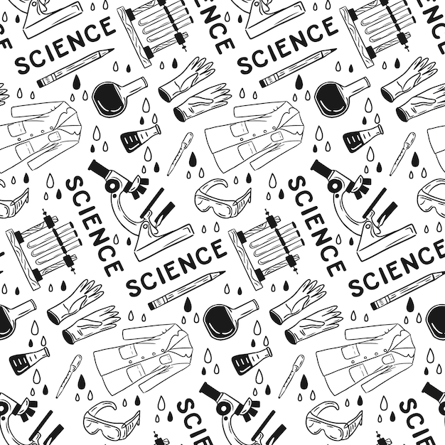 Vector flat vector doodle black and white science pattern simple sketch hand drawn seamless design