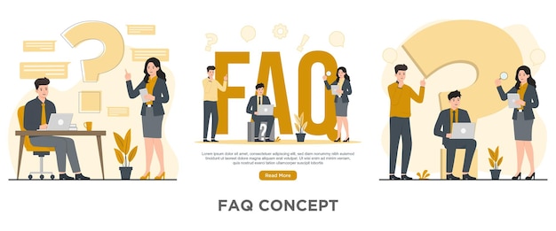 Vector flat vector faq faqs concept illustration frequently asked questions man and woman with laptop