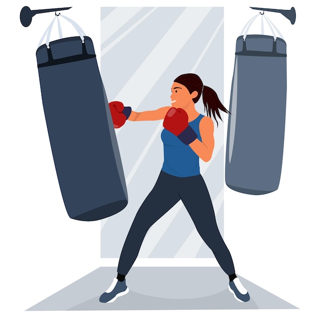 Flat Vector female character in red boxing gloves poses ready to fight