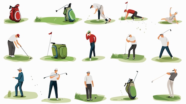 Vector flat vector golf course scenes icons