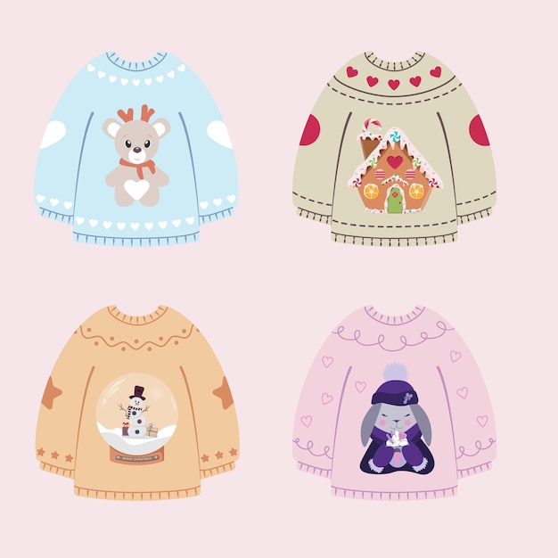 Flat vector handmade ugly Christmas sweaters set