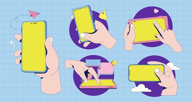 Flat vector hands with phones Hands holding phones and tablet in different view Empty screens mock