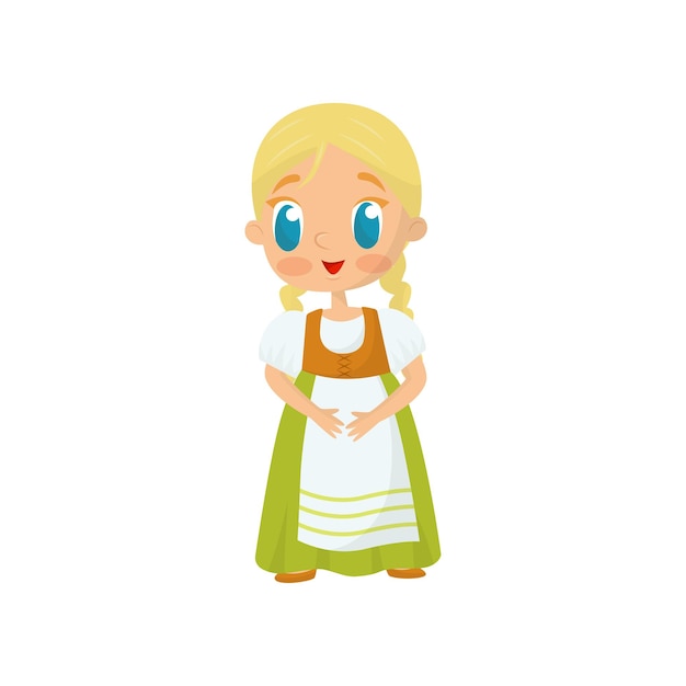 Flat vector icon of adorable girl with blond hair and blue eyes wearing fancy Bavarian dress Costume for masquerade or carnival