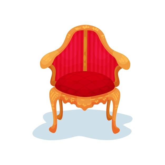 Flat vector icon of antique wooden chair with bright red velvet trim Luxury royal furniture Museum exhibit