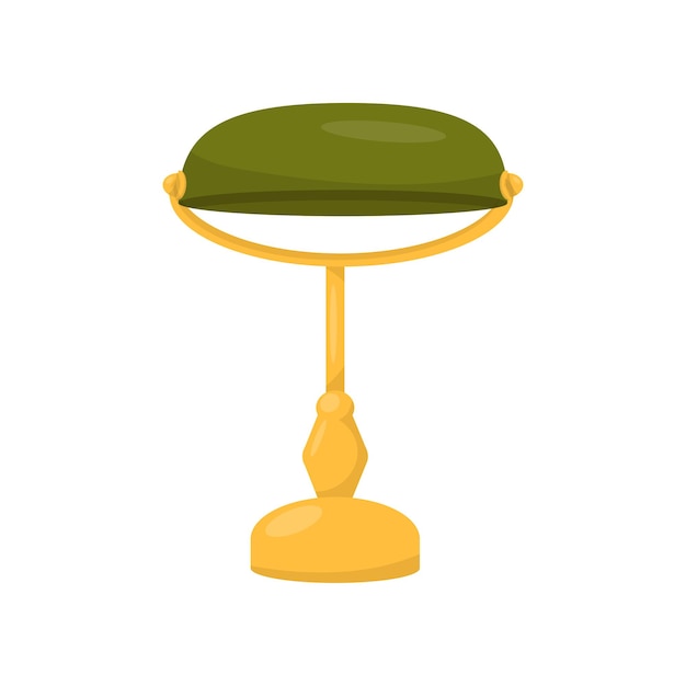 Flat vector icon of banker s lamp Office decor element Electric desk lamp with yellow brass stand and green glass lampshade