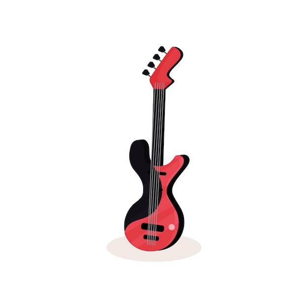 Flat vector icon of black and red electric guitar Modern stringed musical instrument Element for promo poster or music festival or store