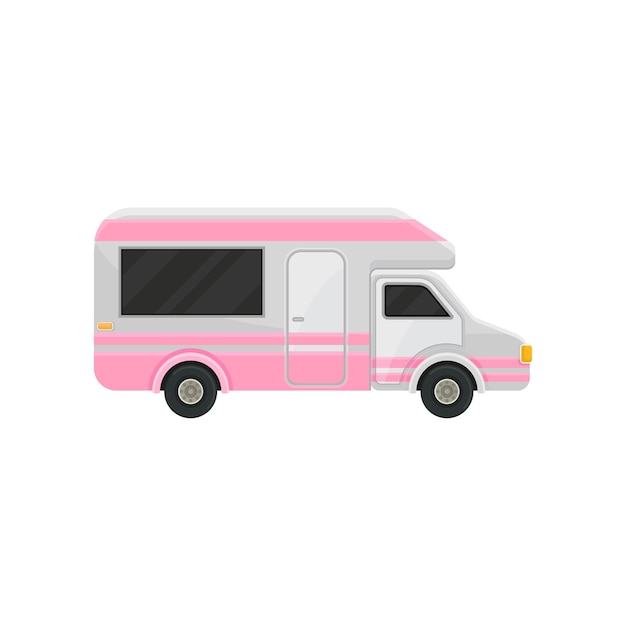 Flat vector icon of camper truck Gray van with bright pink stripes and black tinted windows Motor vehicle for family travel