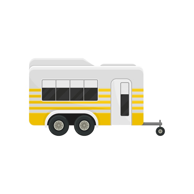 Flat vector icon of classic camper trailer with yellow stripes Transport for comfort family travel Modern home on wheels