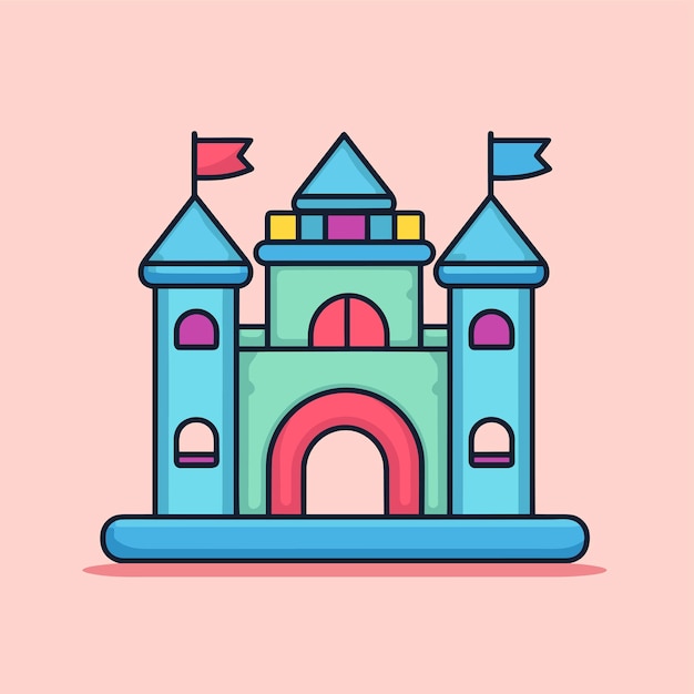 Flat vector icon a majestic castle with a proudly waving flag on top