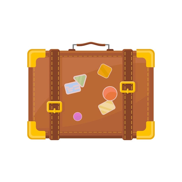 Flat vector icon of retro suitcase with stickers Vintage travel bag with little handle golden corners and belts Luggage for adventure