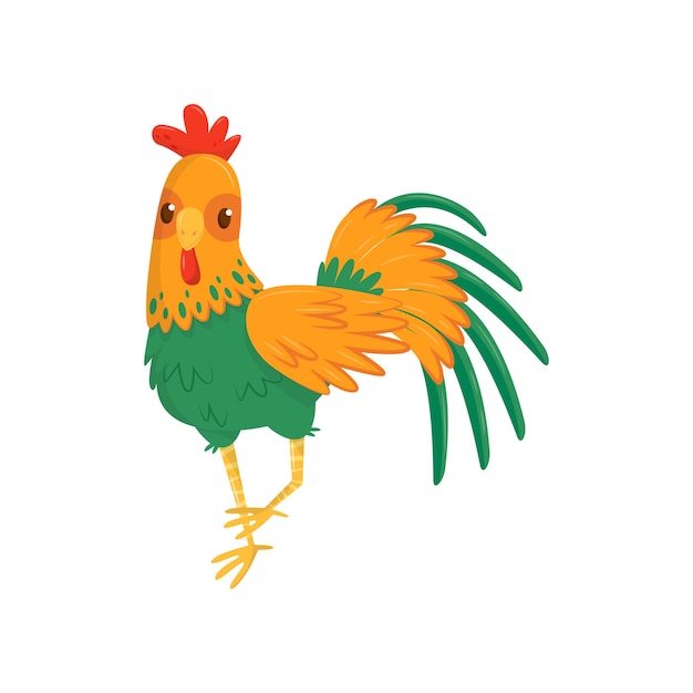 Flat vector icon of rooster Farm bird with bright greenorange feathers lush tail and red scallop Male domestic fowl