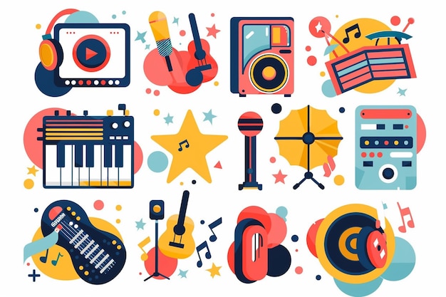 Vector flat vector icons representing music video themes