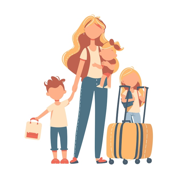 flat vector illustration of an American woman with long blonde hair holding her two childrens