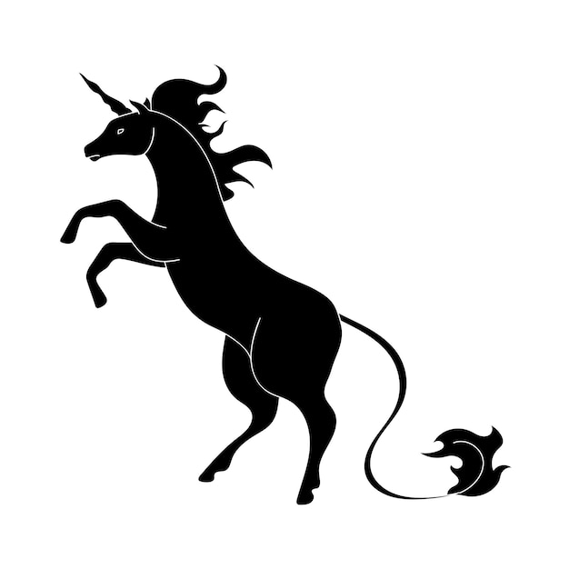 Flat vector illustration black silhouette of a unicorn standing on its hind legs