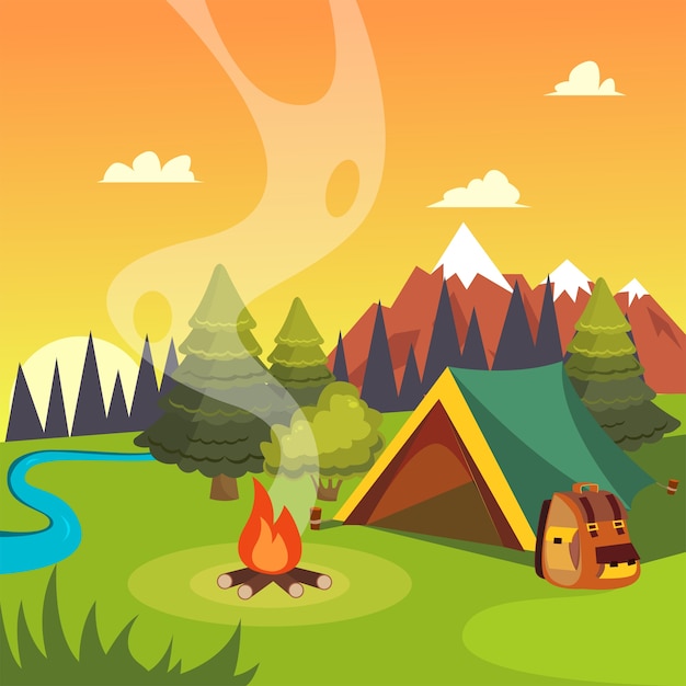 Flat vector illustration of a camping landscape with a tent, a campfire and wood.