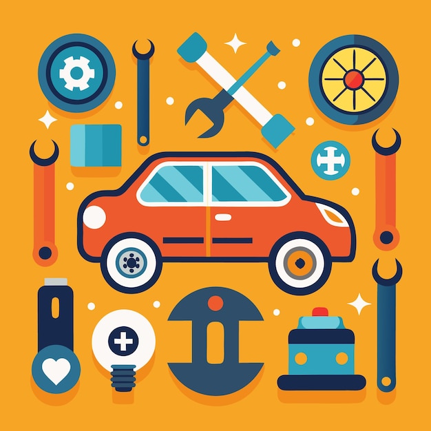 Flat vector illustration of a car with car repair tools around it