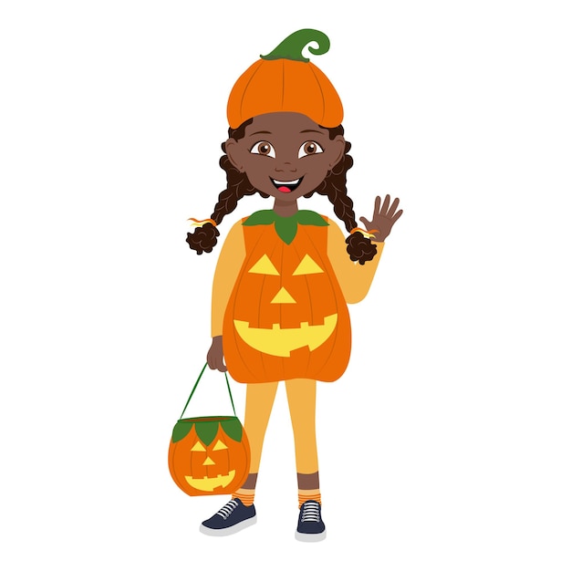 Vector flat vector illustration of cute african american kid girl wearing a pumpkin halloween costume item 1