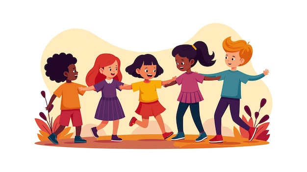 Vector flat vector illustration of diverse group kids playing together