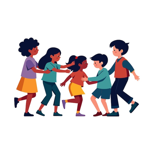 Flat Vector Illustration Of Diverse Group Kids Playing Together