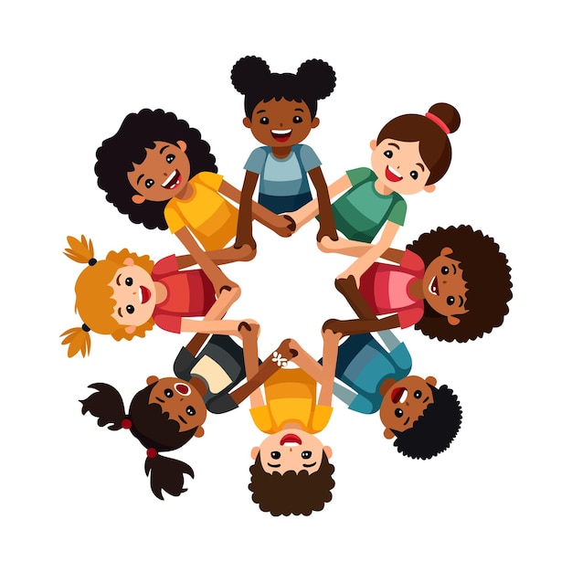 Flat Vector Illustration Of Diverse Group Kids Playing Together