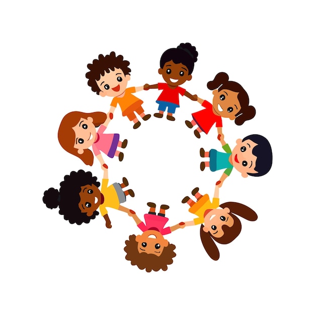 Flat Vector Illustration Of Diverse Group Kids Playing Together