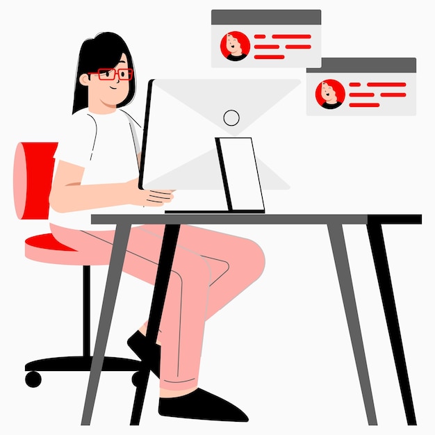 Flat vector Illustration of a female doing research and study infront of her computer on a table Ch