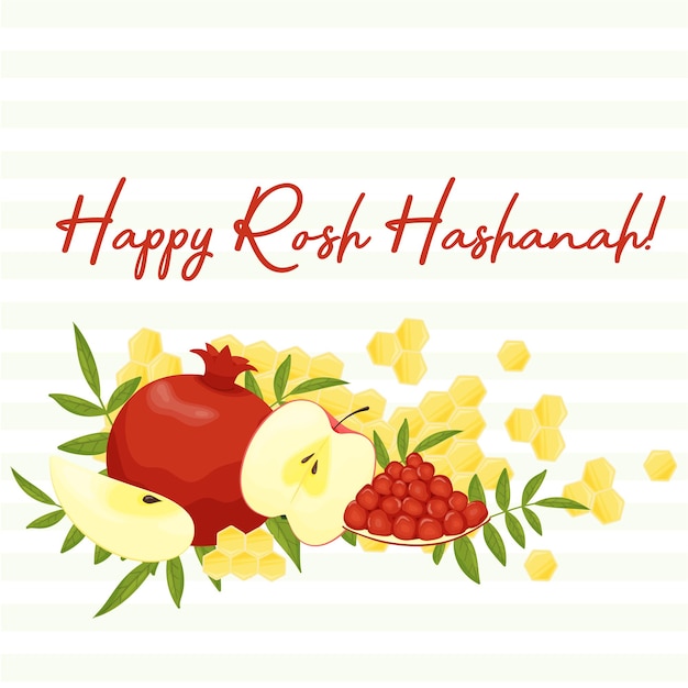 Flat vector illustration Happy Rosh Hashanah Postcard with fruit